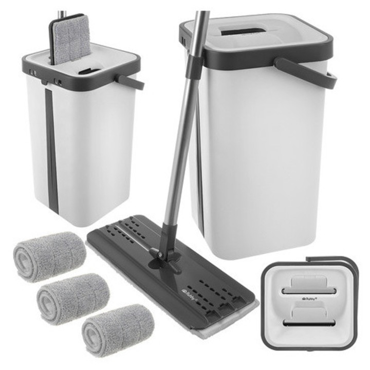 Set de 3 mopuri plate cu galeata 11L RUHHY, sistem separare apa curata/murdara, storcator fara maini, rotatie 360°, 130 cm, 33x12 cm, inox + PP + TPE, alb negru