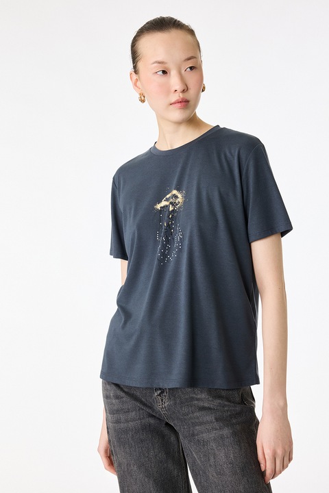 KOTON, Tricou lejer cu imprimeu grafic, Gri antracit