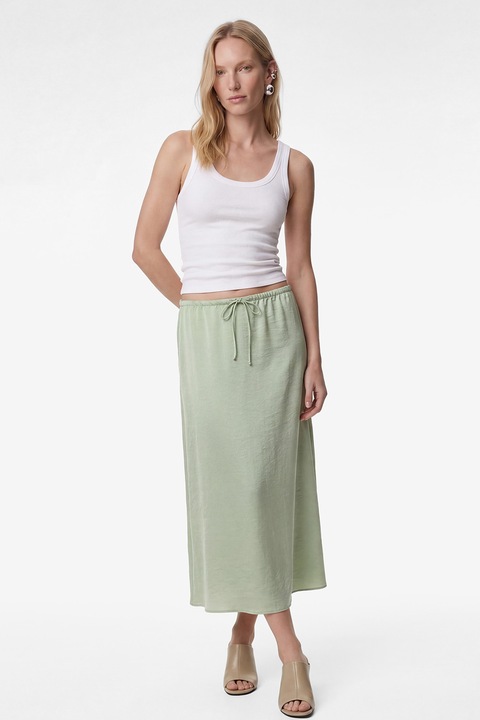 KOTON, Fusta cu aspect de satin si snur in talie, Verde pal
