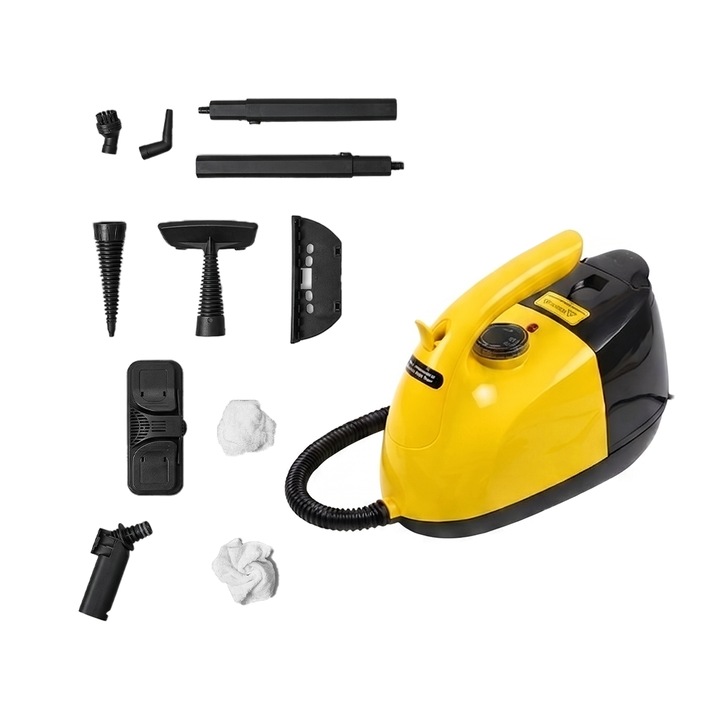 Aparat de curatat cu aburi NEXTLY, functie de mop, multifunctional, diverse suprafete, capete interschimbabile, furtun flexibil, intensitate abur reglabila, compartiment detergent, 1800W, galben