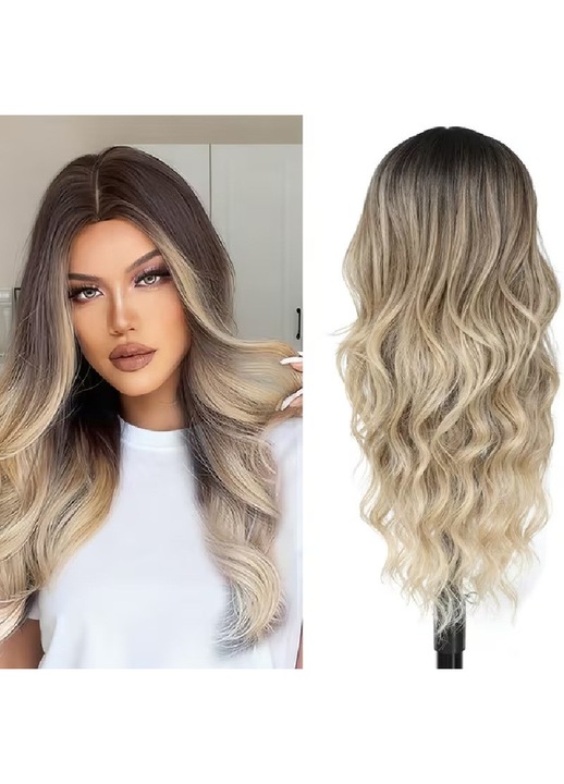 Peruca Blond cenusiu, par lung ondulat, fara breton, 55 cm, cu dantela frontala, fibra sintetica Premium cu aspect natural, Animis Beauty ®