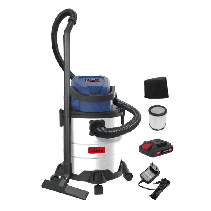 Aspirator umed/uscat Gude 18V, 20L, cu acumulator 2Ah, inox, 340x340x620mm