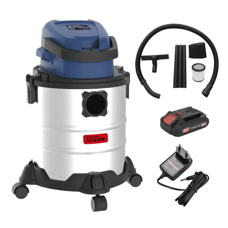 Aspirator umed/uscat Gude 18V, 20L, cu acumulator 2Ah, inox, 340x340x620mm