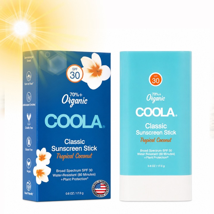 Stick de protectie solara COOLA, USA California, SPF 30, filtru UVA/UVB cu spectru larg si parfum de cocos, rezistent la apa