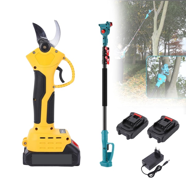 LuckyLu® Akkus Elektromos Metszőolló Készlet, 2.1m Teleszkópos Hosszabbítóval, 2 db 21V Akkumulátorral, Tartós Acél Pengével, Állítható Vágás 15-30mm, Sárga-Kék