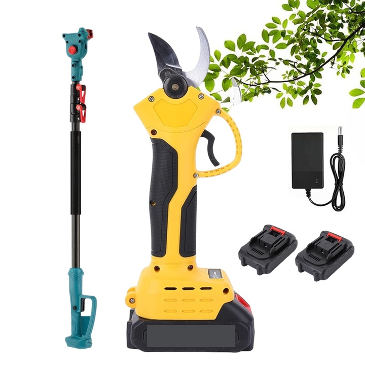Foarfeca Electrica Profesionala de Gradinarit cu Prelungitor Telescopic 2.1m, 2 Baterii Reincarcabile, Taiere Reglabila 15-30mm, Set Complet cu Accesorii, galben-blue, HAPPY JOKER®
