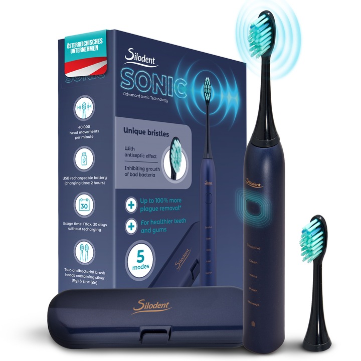 Periuta de dinti sonica Silodent, Periuta de dinti electrica cu peri antiseptici, Periuta de dinti premium albastru miezul noptii cu 5 programe si husa de calatorie, Capete de periuta compatibile cu Philips Sonicare