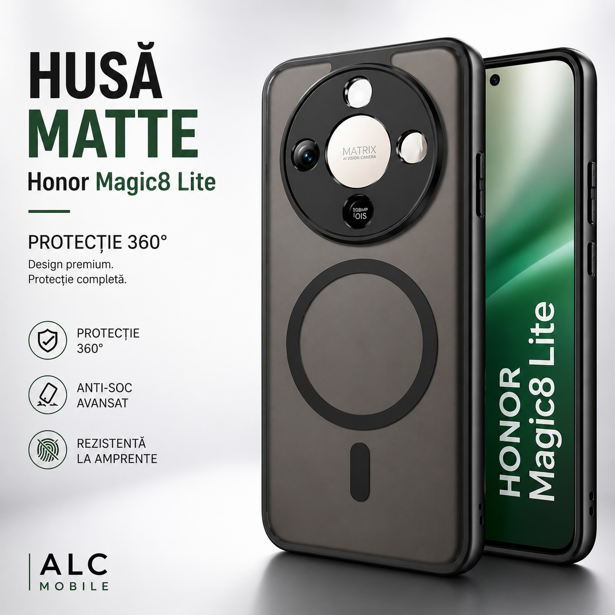 Husa pentru Honor Magic 8 Lite, Matte MagSafe, Protectie 360, Anti-Soc, Protectie Camera, Negru