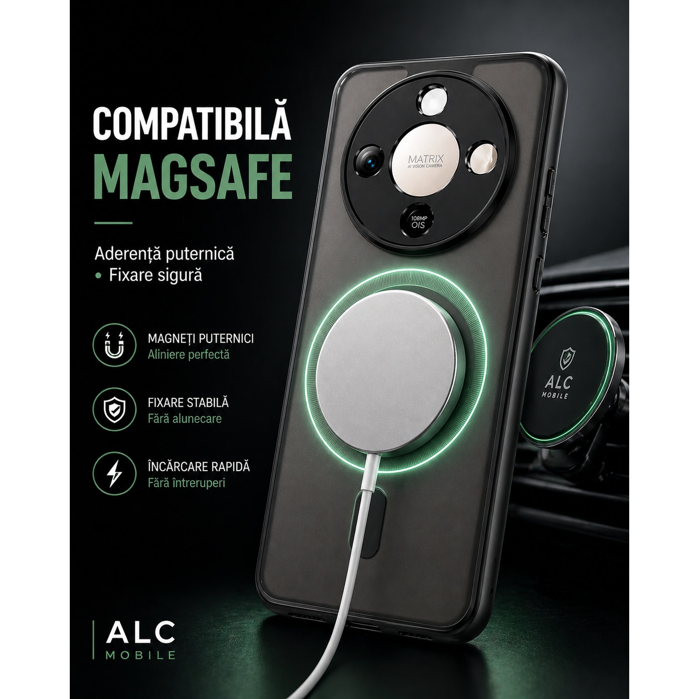 Husa pentru Honor Magic 8 Lite, Matte MagSafe, Protectie 360, Anti-Soc, Protectie Camera, Negru