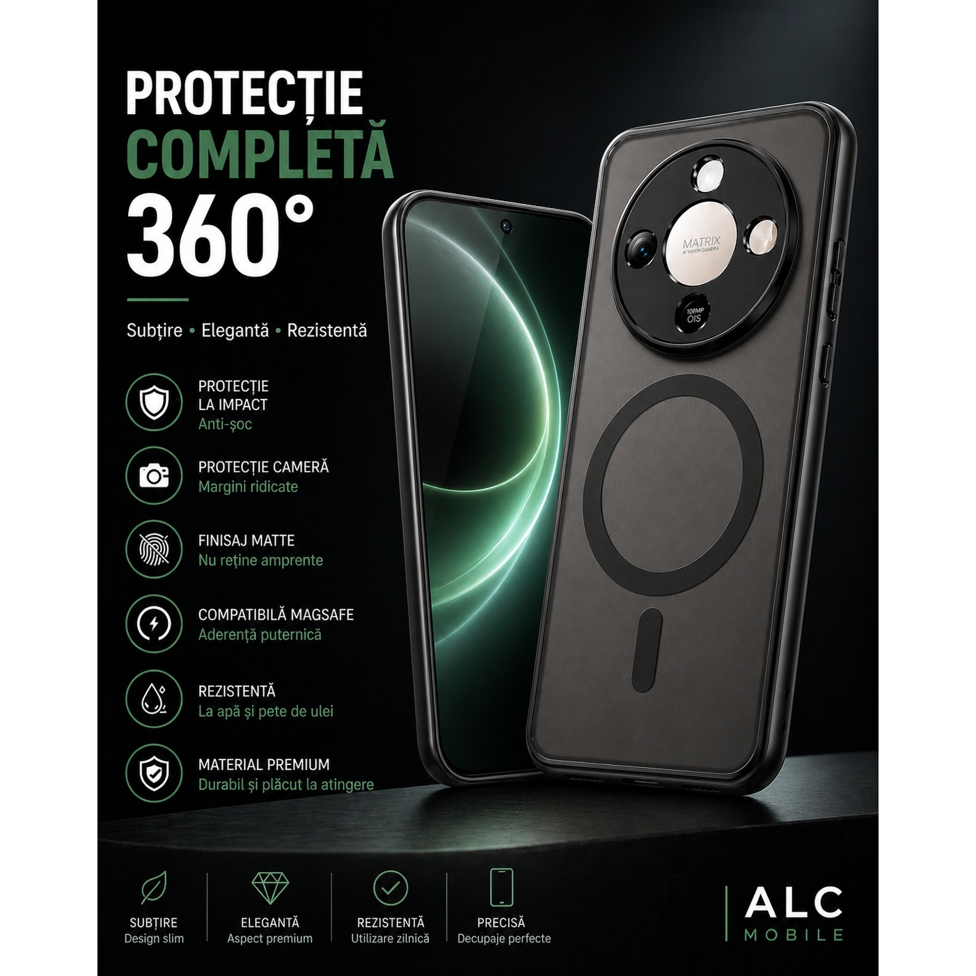 Husa pentru Honor Magic 8 Lite, Matte MagSafe, Protectie 360, Anti-Soc, Protectie Camera, Negru