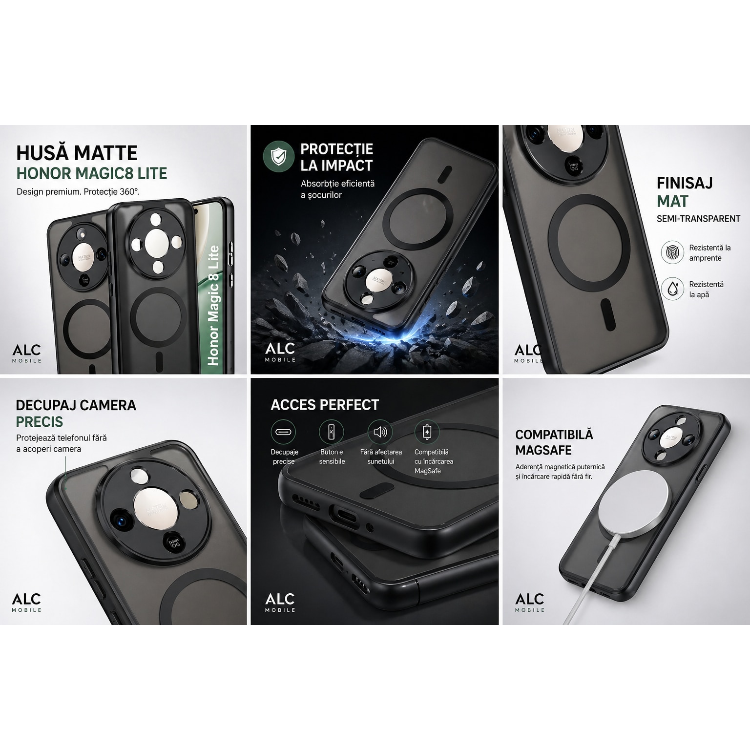 Husa pentru Honor Magic 8 Lite, Matte MagSafe, Protectie 360, Anti-Soc, Protectie Camera, Negru