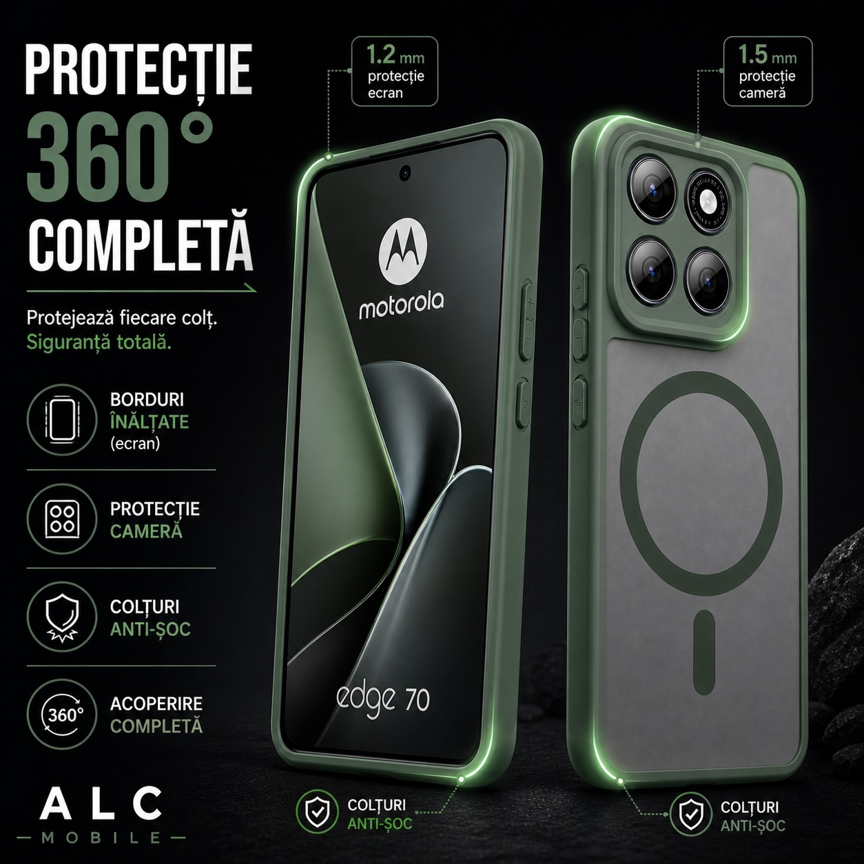 Husa pentru Motorola Edge 70, Matte MagSafe, Protectie 360, Anti-Soc, Protectie Camera, Verde