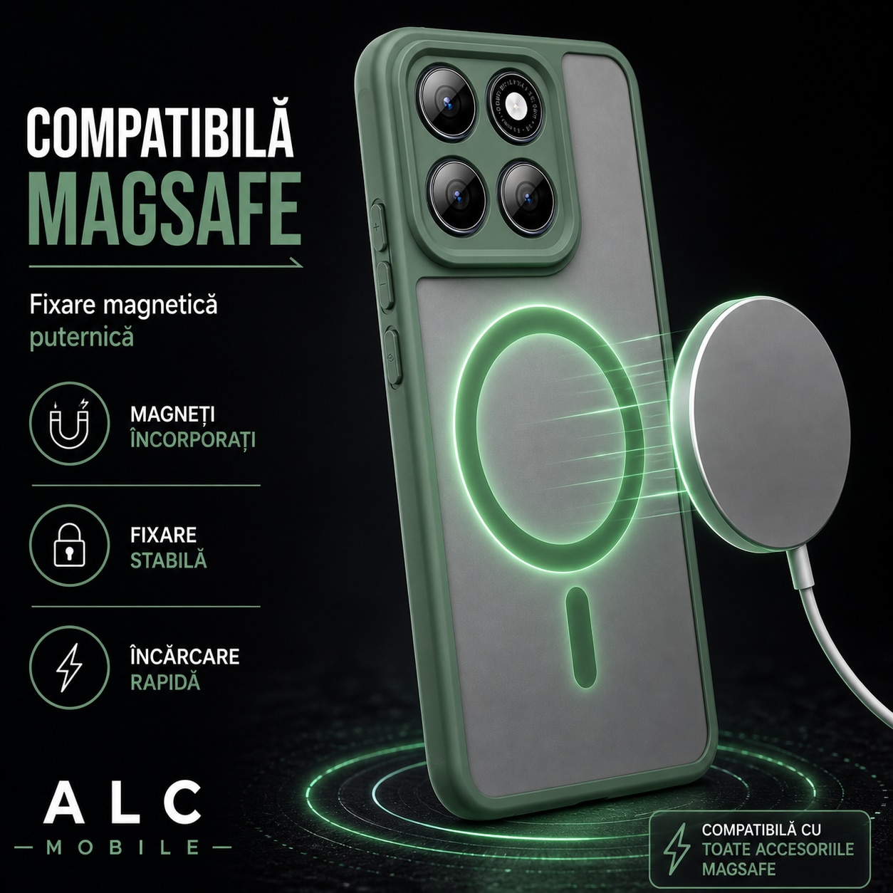 Husa pentru Motorola Edge 70, Matte MagSafe, Protectie 360, Anti-Soc, Protectie Camera, Verde