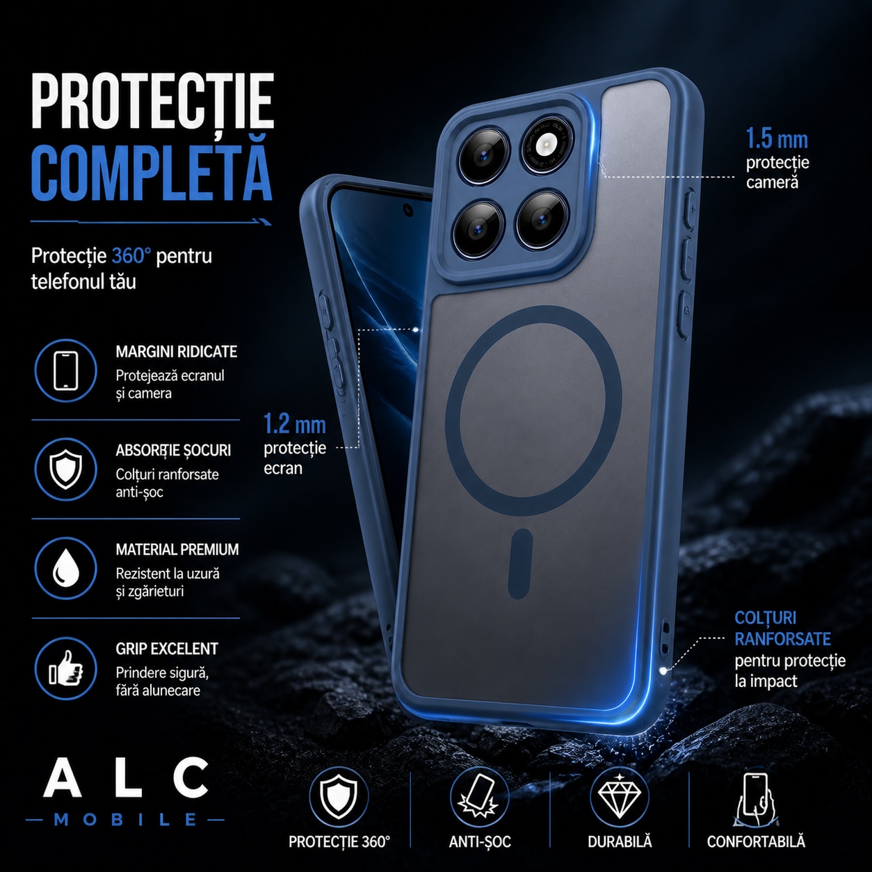 Husa pentru Motorola Edge 70, Matte MagSafe, Protectie 360, Anti-Soc, Protectie Camera, Albastru