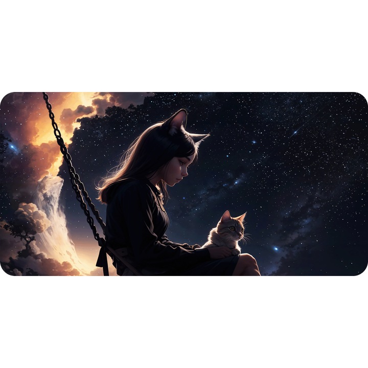 Mousepad Deskmat Cute girl with kitten 800x400x4 mm margini cusute Oktane