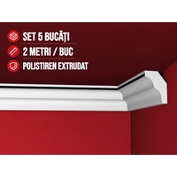 Set 5 Bucati Bagheta Decorativa Tavan Polistiren Extrudat E25, 18x25 mm, 2 m/Buc, Profil Decorativ Tavan Perete, Cornisa Interior Alb