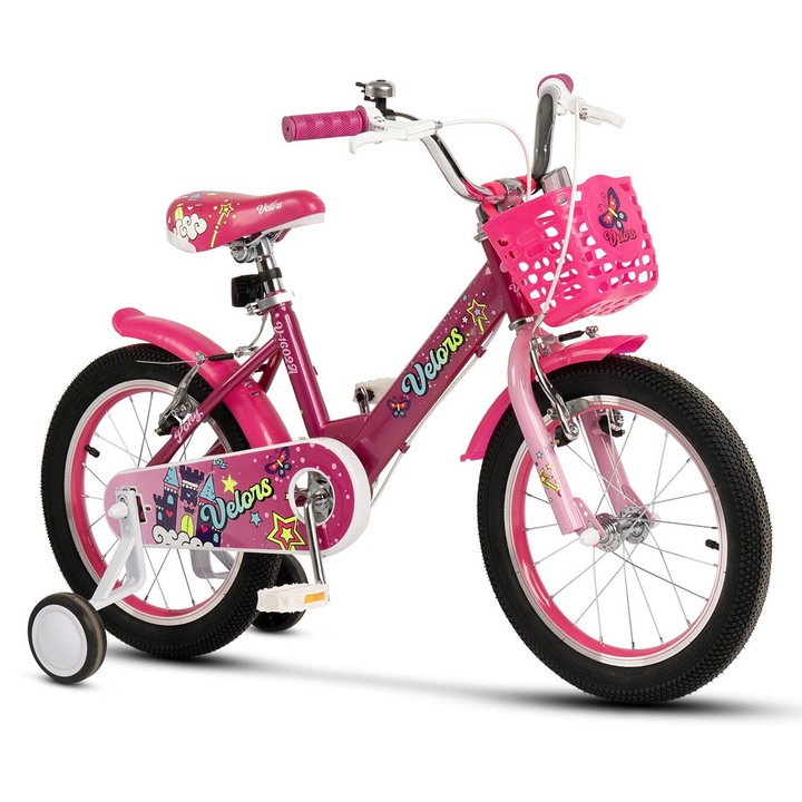 Велосипед за деца MTB ERBV1802A с колела 18", спирачки V-brake, спомагателни колела, кош, предпазители, цветни алуминиеви джанти, фуксия/розово, Velors Baby Kids Sport Bike Pony за възраст 5/7 години - между 110-125 см