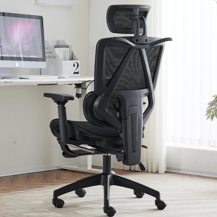 Scaun Ergonomic, TOP SCAUNE®, Scaun Birou Reglabil, Suport Lombar Dinamic, Cotiere 3D Reglabile, Tetiera 3D, Spatar Mesh Respirabil, Reclinabil, Pivotant 360°, Suport Picioare Retractabil, Scaun Ergonomic Confortabil, Negru