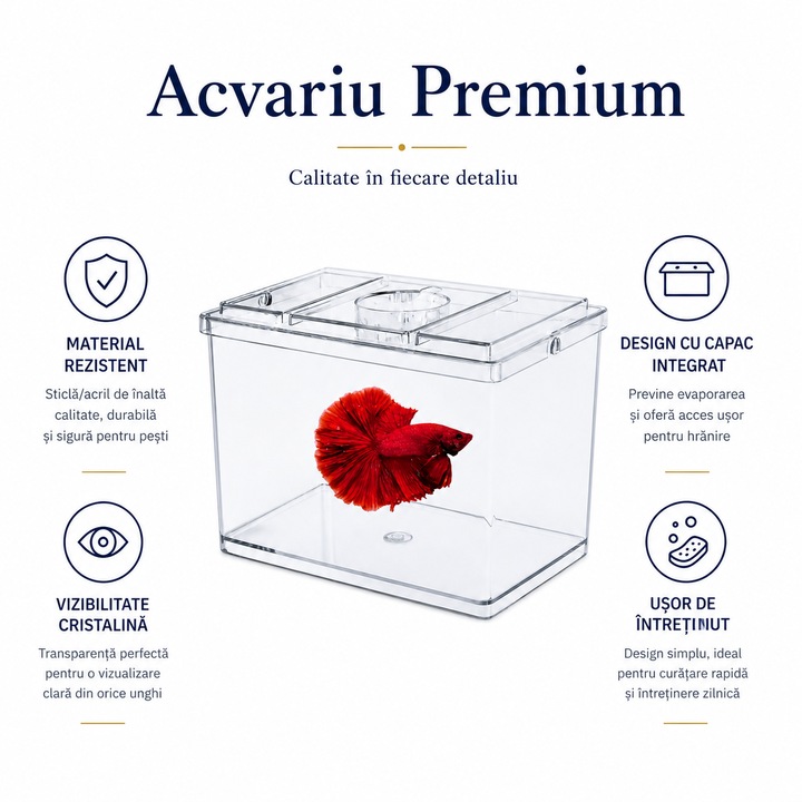Acvariu cu capac, Design premium, Ideal pentru pesti ornamentali, Usor de intretinut, 700ml, 16.5 x 16.5 x 12.5 cm, Transparent