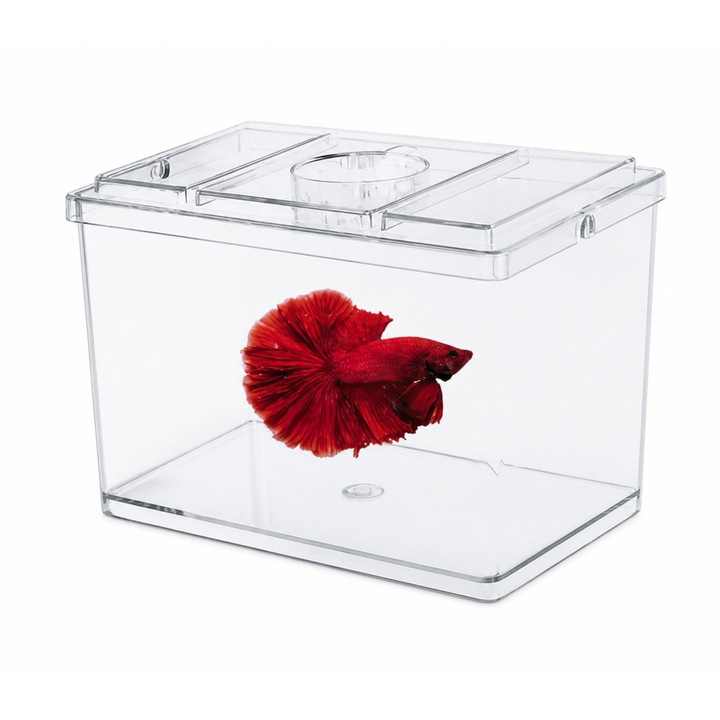 Acvariu cu capac, Design premium, Ideal pentru pesti ornamentali, Usor de intretinut, 700ml, 16.5 x 16.5 x 12.5 cm, Transparent