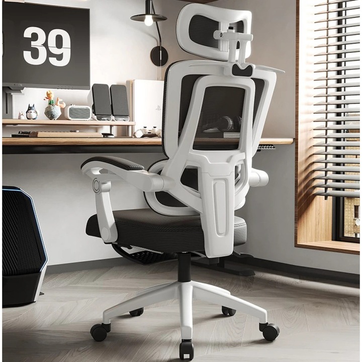 Scaun Ergonomic, TOP SCAUNE®, Scaun Birou Reglabil, Suport Lombar Reglabil, Tetiera 3D Reglabila, Spatar Mesh Respirabil, Reclinabil, Pivotant 360°, Suport Picioare Extensibil, Scaun Ergonomic Confortabil, Design Modern, Alb/Negru