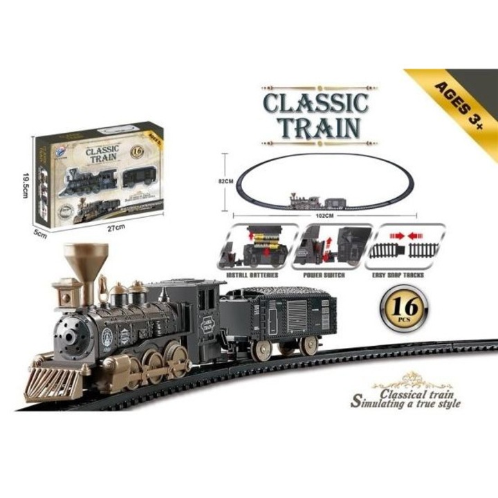 Set tren / trenulet Merkpol Classic Train, locomotiva cu abur, functioneaza pe baterii, usor de asamblat, multicolor, 16 piese