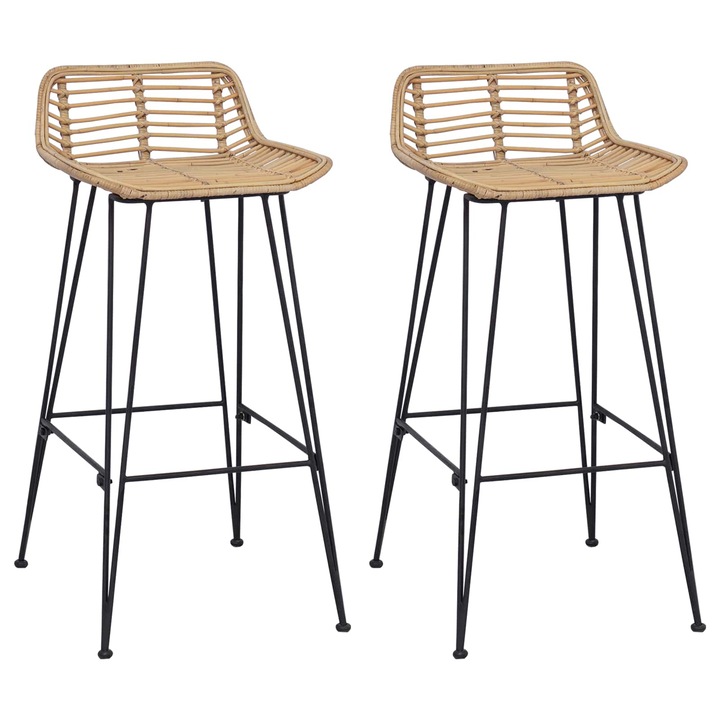 Scaun de bar 2 pcs vidaXL, Negru 44 x 45 x 76 cm Rattan si otel
