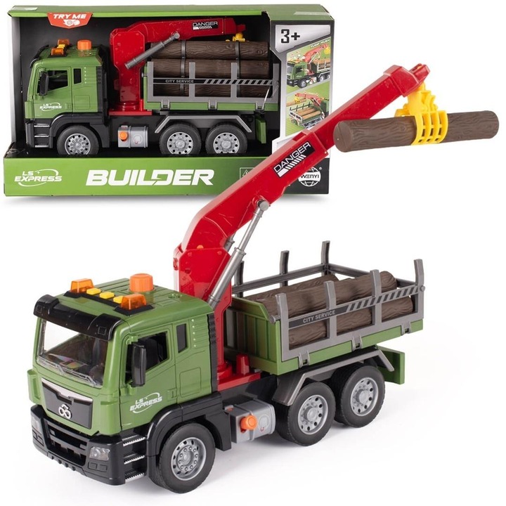 Camion de jucarie Lena Builder, cu macara, lumina si sunet, pentru transport lemne, multicolor, scara 1:10, 1 buc
