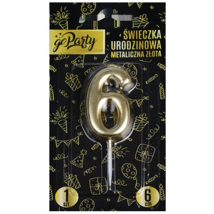 6-os számgyertya, GoParty, metál, arany, 6 cm, 1 db