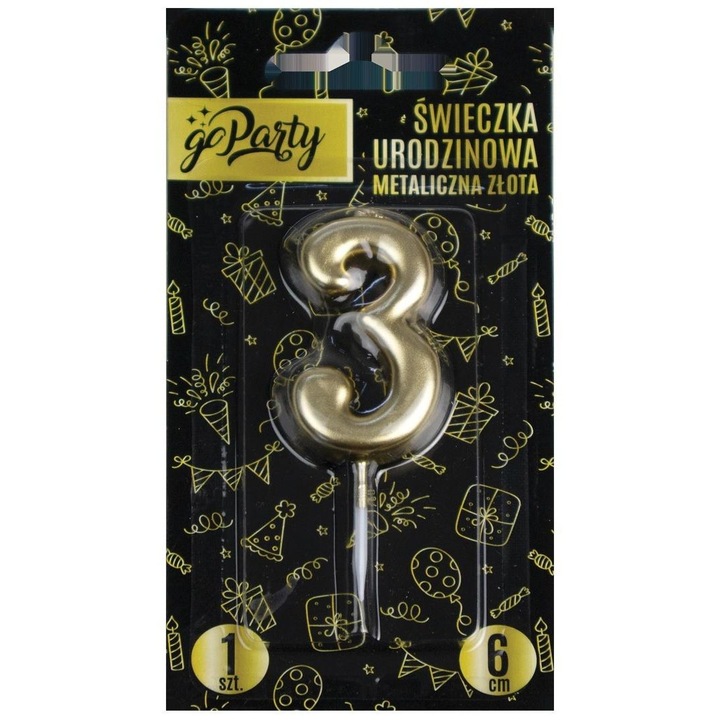 GoParty születésnapi / dekoratív gyertya, 3-as szám, fém, arany, 6 cm, 1 db