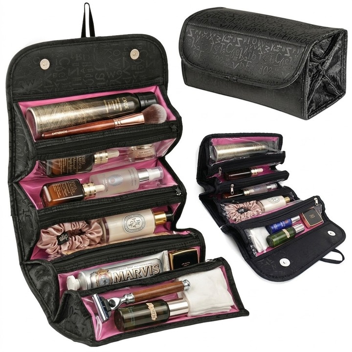 Set organizator cosmetice Roll N Go Travel, 4 compartimente cu fermoar, pliabil, inchidere magnetica, 50 x 24.5 cm deschis, 24.5 x 15 cm pliat, Negru/Rosu