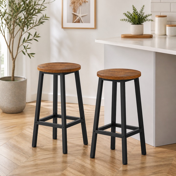 Set 2 Scaune Bar Naples, Stil Industrial, Metal & Lemn, Inaltime 65 cm, Maro Rustic / Negru