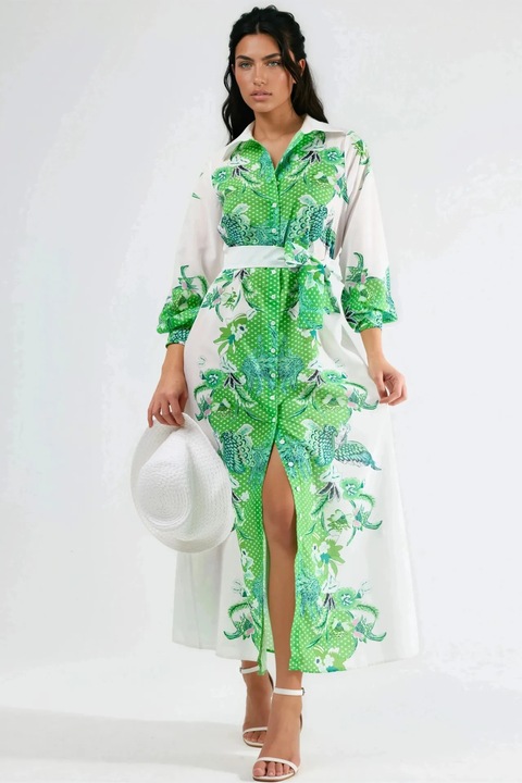 Rochie Midi, MSN Collection, Floral, Multicolor, Poliester cu Lycra, Maneca lunga, Guler, Cu cordon