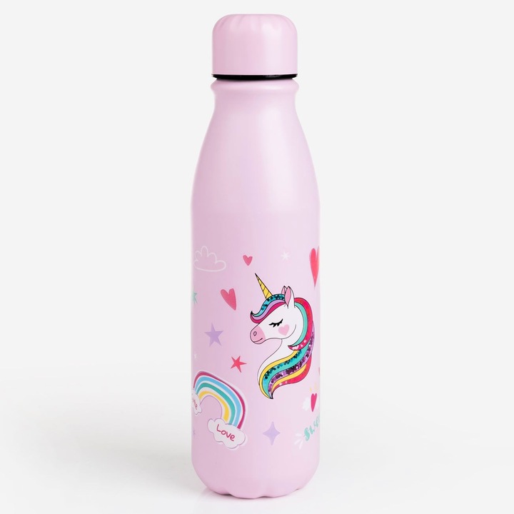 Sticla de apa pentru copii, din aluminiu, ClickDeal®, Model Hi Rainbow, Roz, 600ml