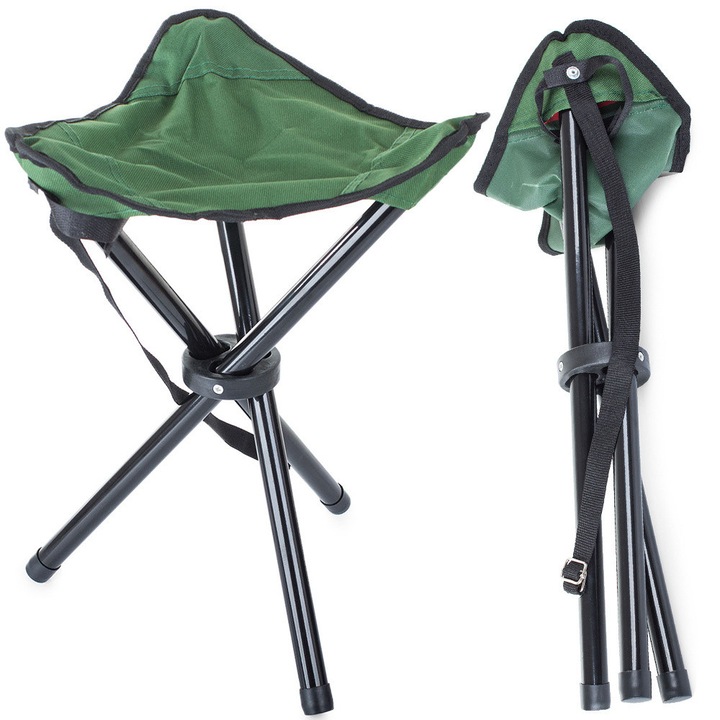 Scaun pliabil pescuit si camping, tip tripod, 28 x 28 x 37 cm, material textil rezistent, cadru metalic, Negru