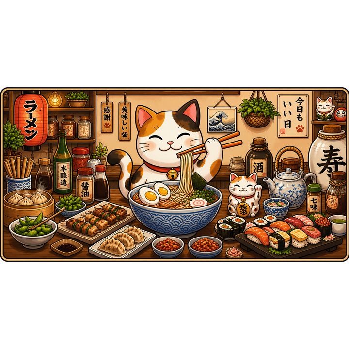 Mousepad Deskmat Cozy ramen cat 800x400x4 mm margini cusute Oktane