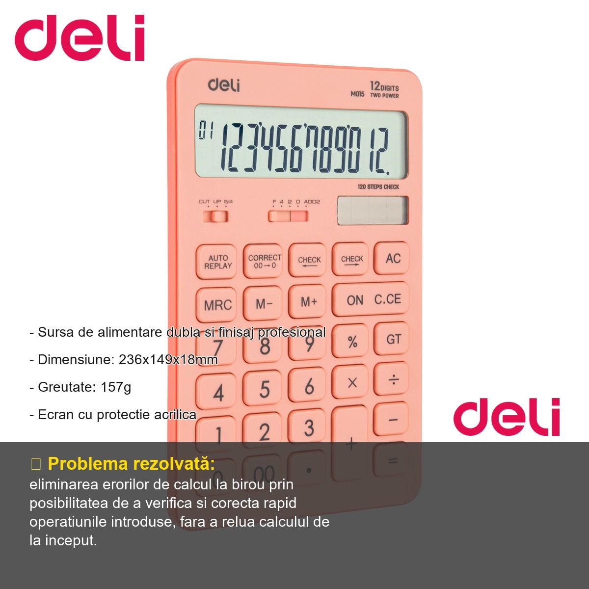 Calculator de birou Deli 1541, 12 cifre, roz pastel, pentru calcule ...