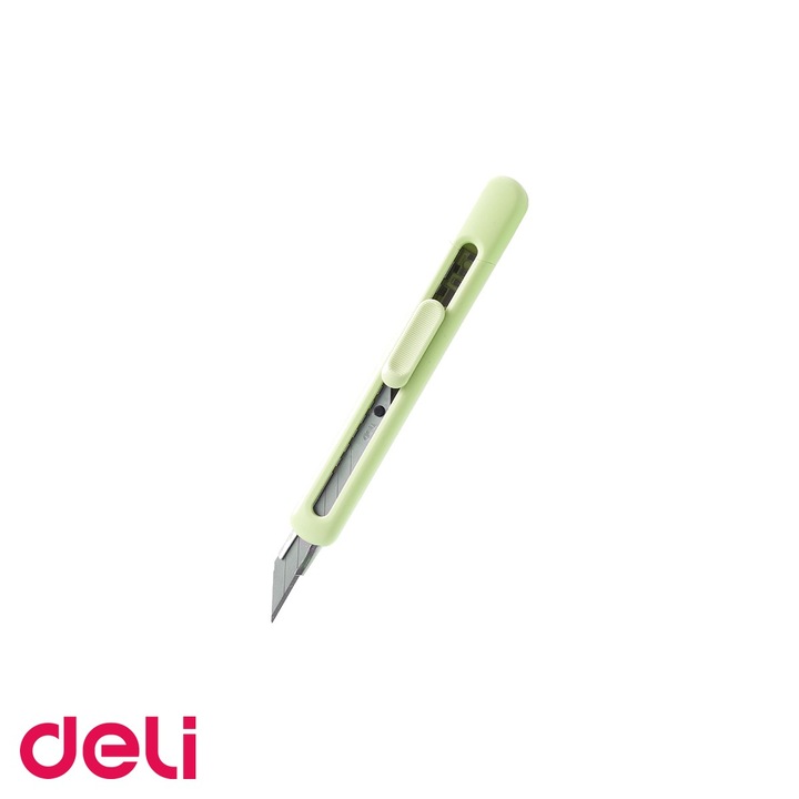 Cutter mic Deli din plastic reciclat, lama retractabila din otel, verde, pentru taieri precise la birou Verde