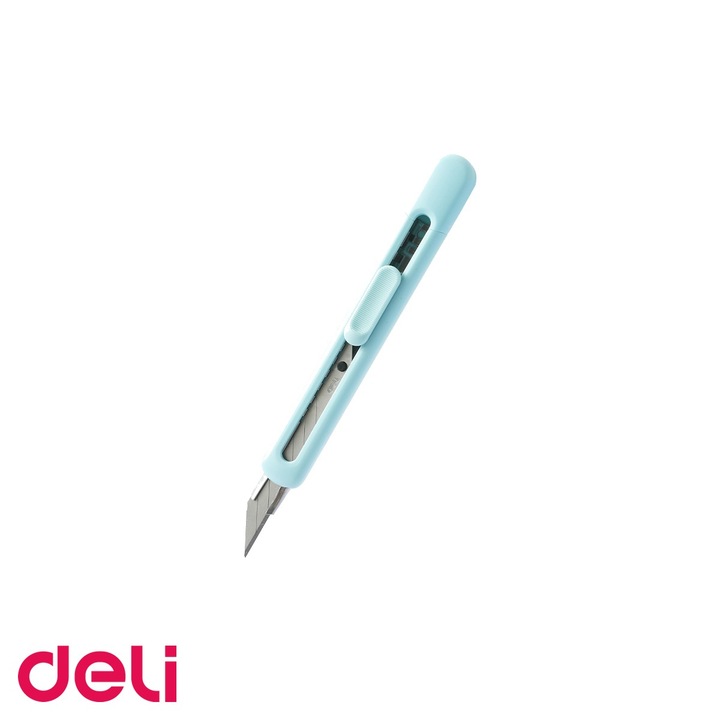 Cutter mic Deli din plastic reciclat, lama retractabila din otel, albastru, pentru birou si uz general Albastru