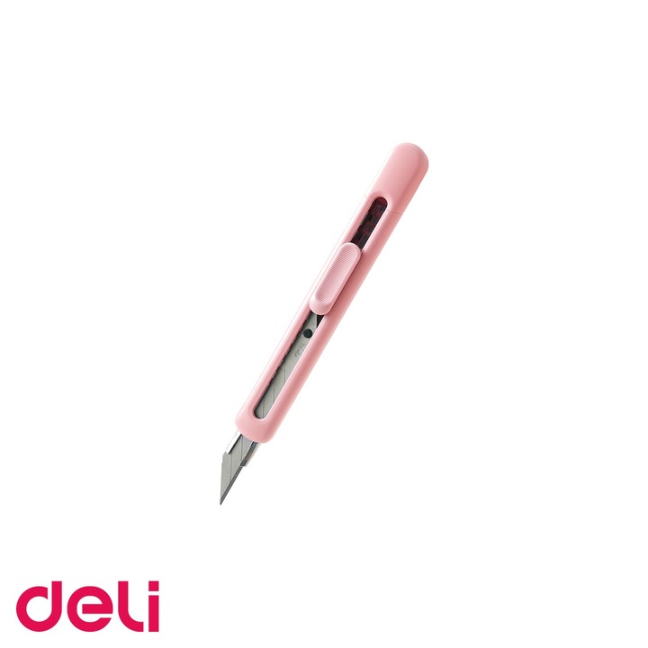 Cutter mic Deli din plastic reciclat, lama retractabila din otel, unghi 30°, culoare roz