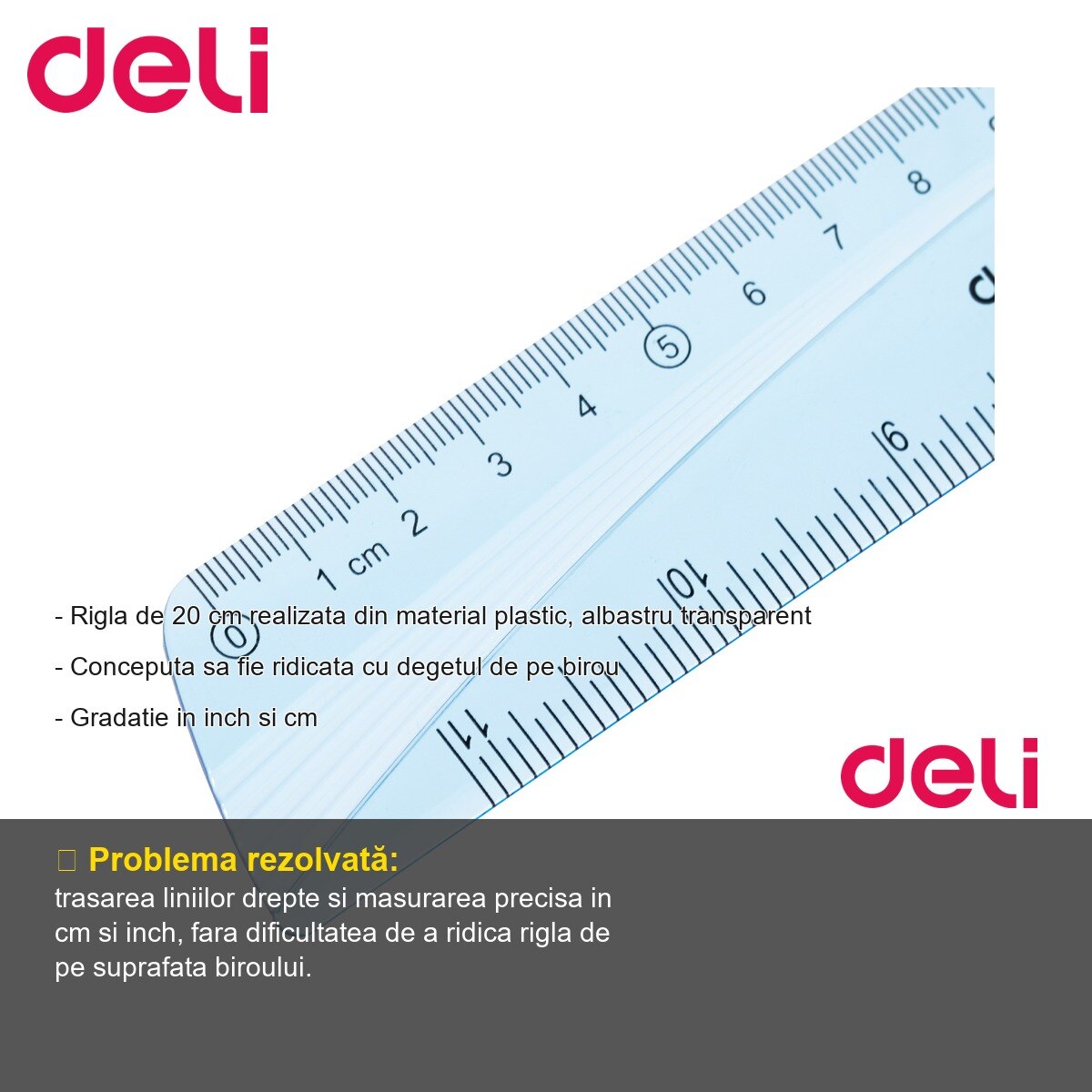 Rigla Deli 20 cm, plastic albastru transparent, gradatie cm si inch ...