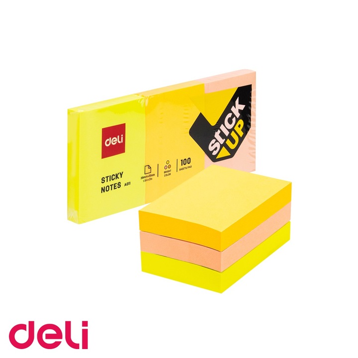 Set notes adezive Deli, 3 culori x 100 file, dimensiune 38x51mm, pentru organizare rapida la birou