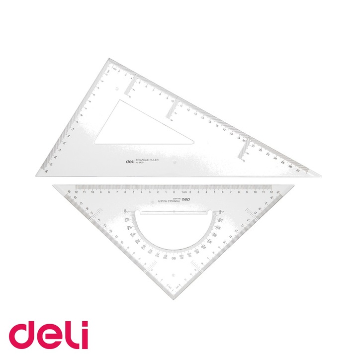 Set 2 echere transparente Deli, 28 cm, material rezistent, pentru scoala si desen tehnic