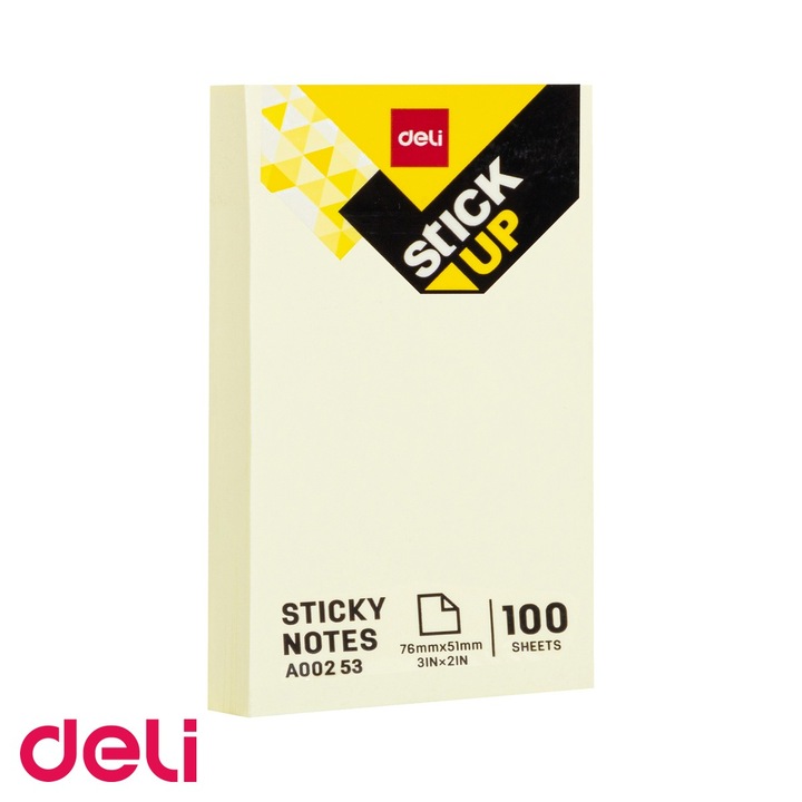 Notes adeziv Deli, 76x51mm, galben, 100 file, adeziv fara urme, pentru birou si organizare rapida