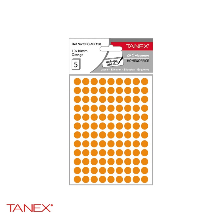 Etichete autoadezive rotunde Tanex, diametru 10 mm, culoare portocaliu, set 540 bucati, hartie FSC certificata Portocaliu