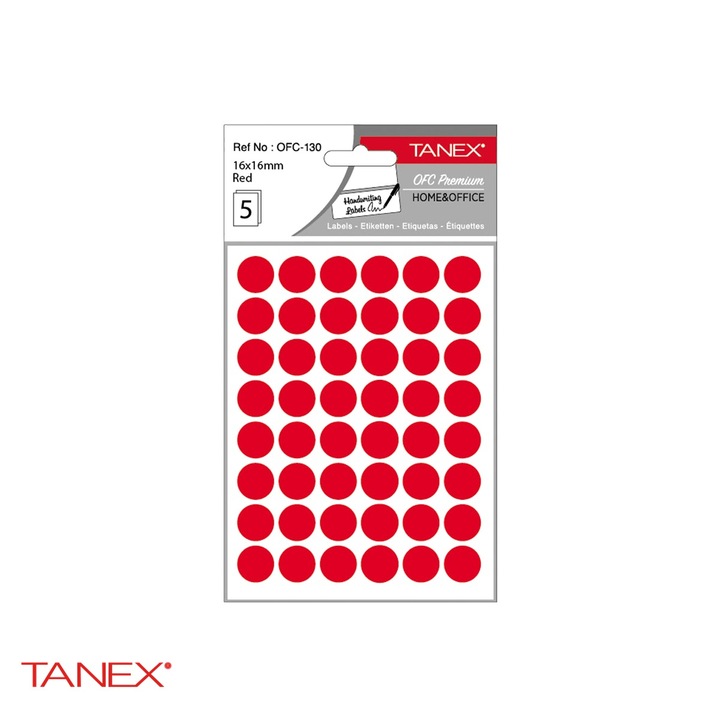 Etichete rotunde autoadezive Tanex, diametru 16 mm, culoare rosie, set 240 bucati pe folii Rosu