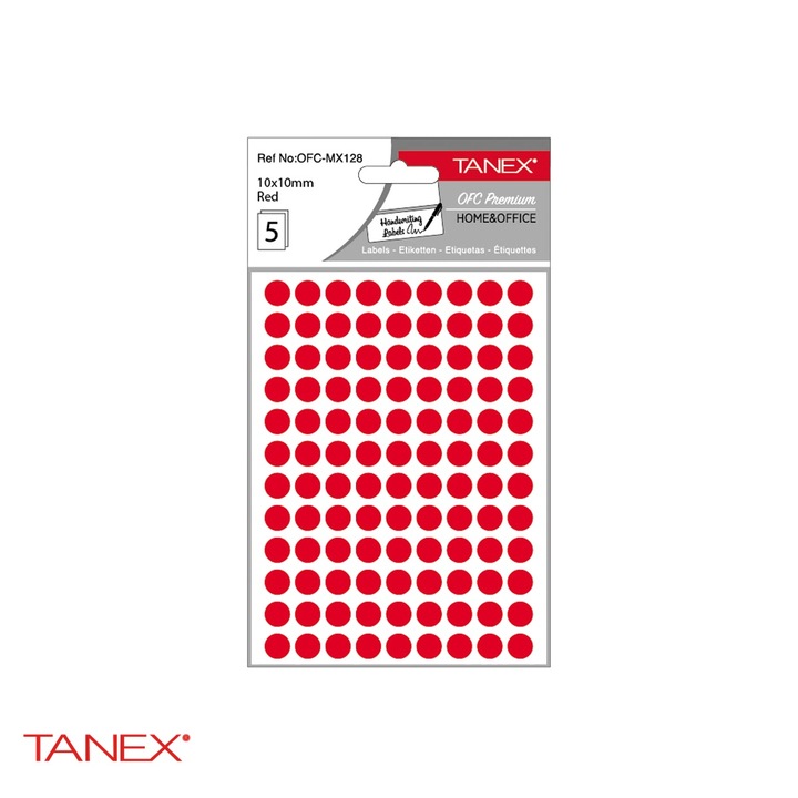 Etichete autoadezive rotunde Tanex, diametru 10 mm, culoare rosie, set 540 bucati, hartie FSC certificata Rosu