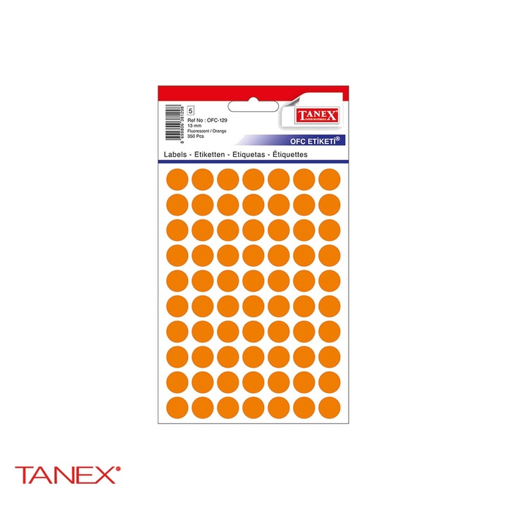 Etichete autoadezive rotunde Tanex, diametru 13 mm, culoare portocaliu, 350 bucati pe set, hartie FSC certificata Portocaliu