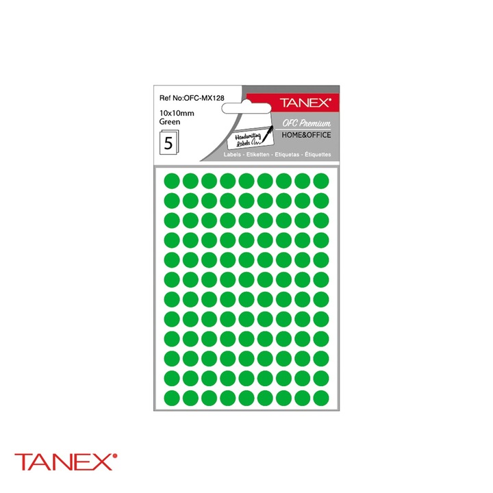 Etichete autoadezive rotunde Tanex, diametru 10 mm, culoare verde, set 540 bucati, hartie FSC certificata Verde