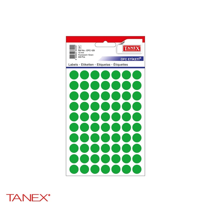 Etichete autoadezive rotunde Tanex, diametru 13 mm, culoare verde, set 350 bucati, pentru codificare si organizare Verde